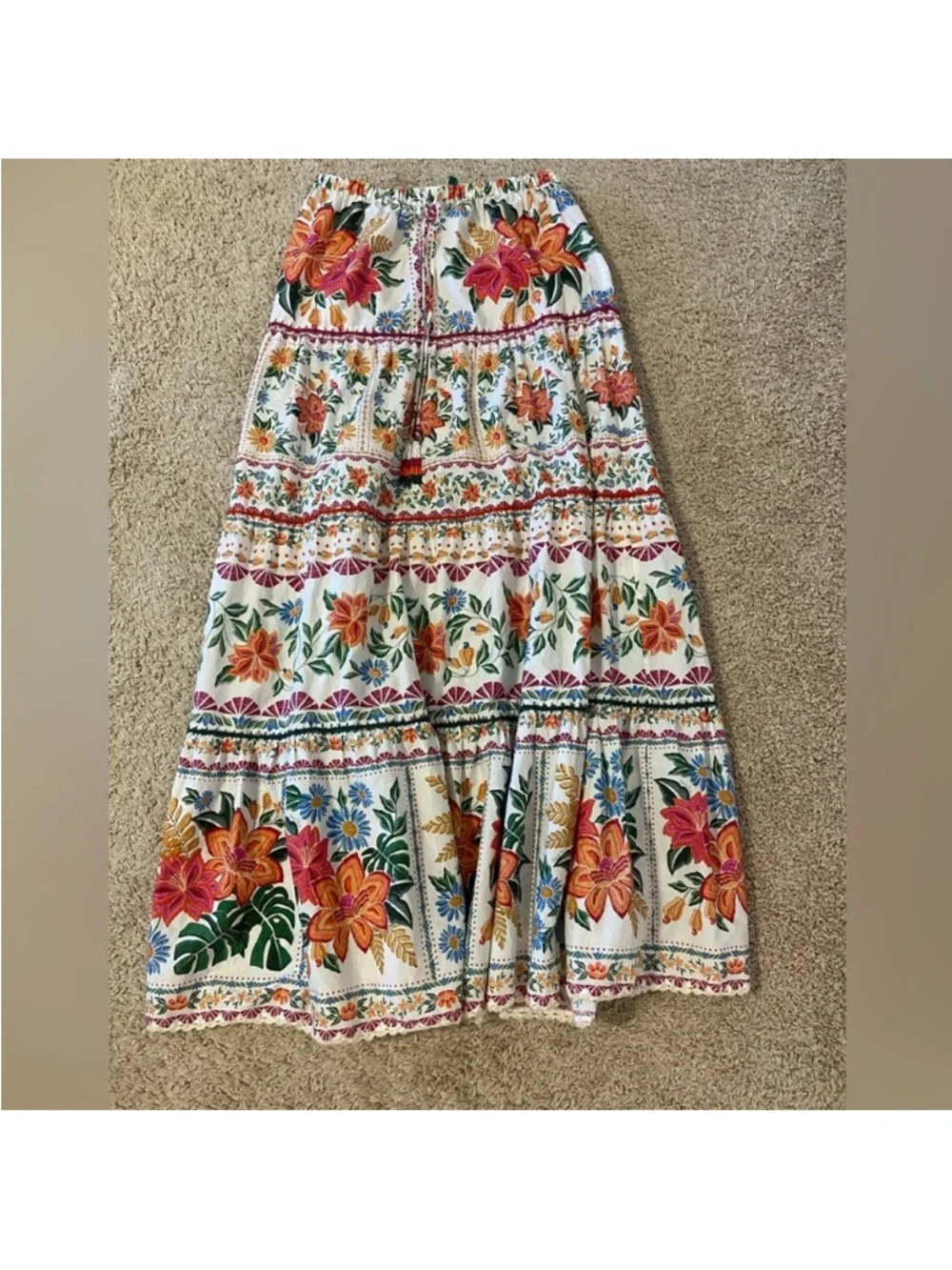 FARM Rio Cream Maxi Skirt with Red, Orange and Green Floral Print - Picture 3 of 8